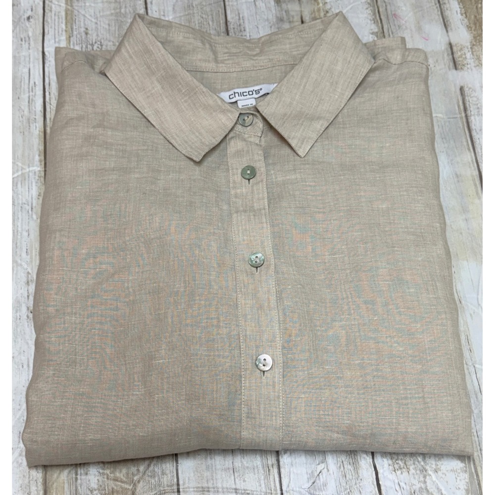 Chicos 100% Linen Button Down Shirt Beige Oatmeal 3/4 Sleeve Size 2.5 US 14